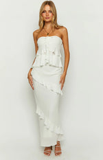White strapless top with tiered ruffles and a drawstring bust detail