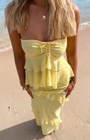 Beginning Boutique Raleigh Yellow Ruffle Strapless Top yellow strapless top with tiered ruffles and a tie-front bust