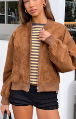 Beginning Boutique Rebecca Tan Cuffed Suedette Bomber Jacket tan suedette bomber with ribbed collar cuffs and hem and front z