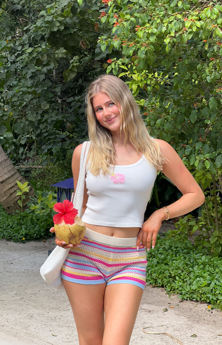Carlie White Beaded Hibiscus Ribbed Tank Top Image