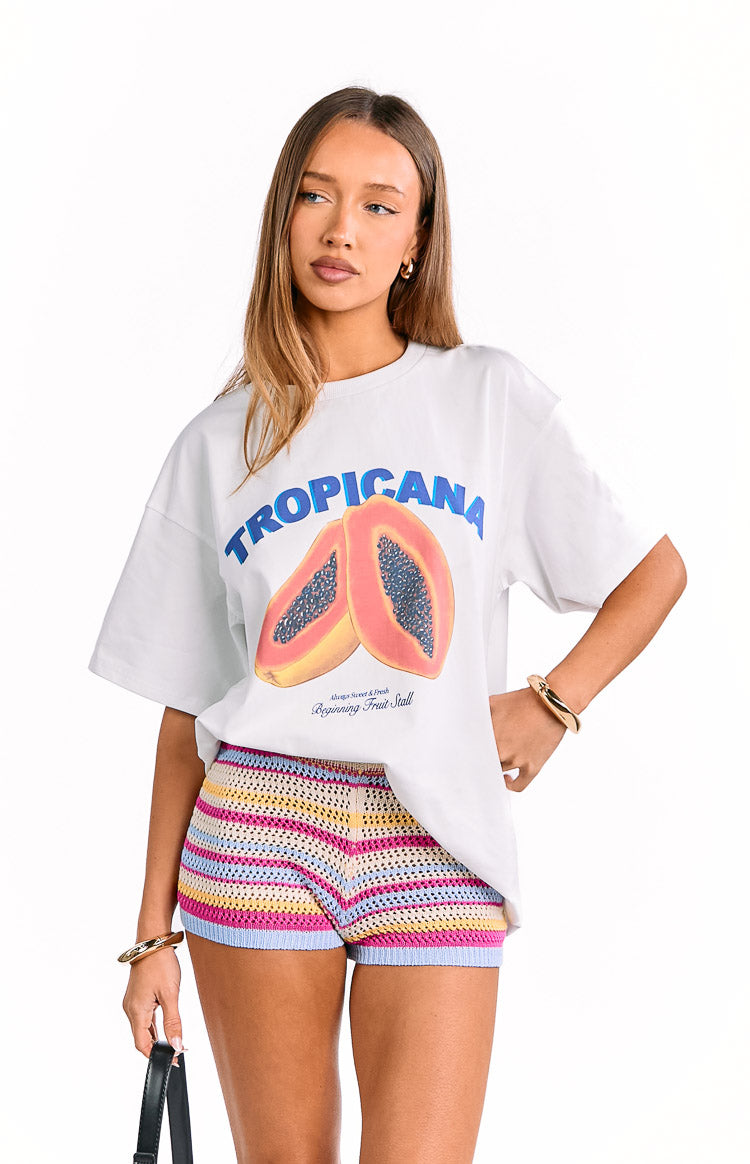 Close-up front view of cream, pink, yellow, and light blue striped knit shorts with an open crochet texture