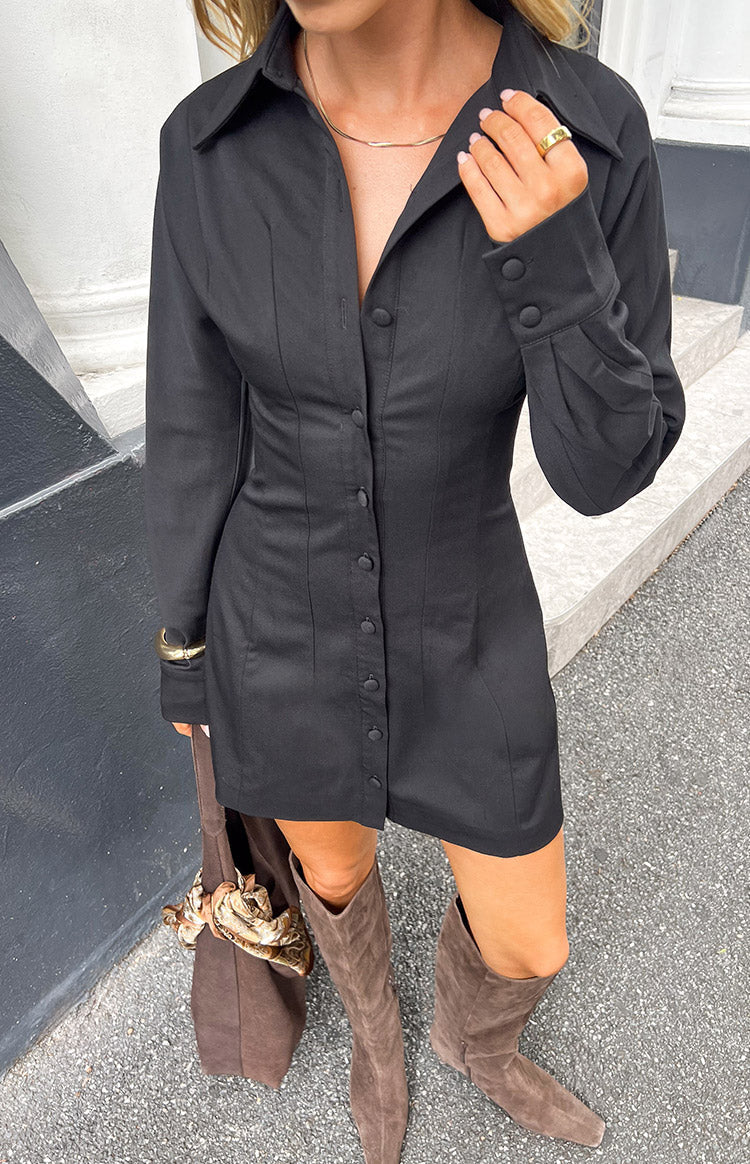 Beginning Boutique Rena Black Long Sleeve Fitted Mini Dress black collared V-neck button-front mini dress with tailored seams