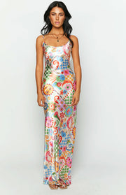 Colourful satin maxi dress with an all-over psychedelic print featuring suns, moons, checkerboards, and floral motifs