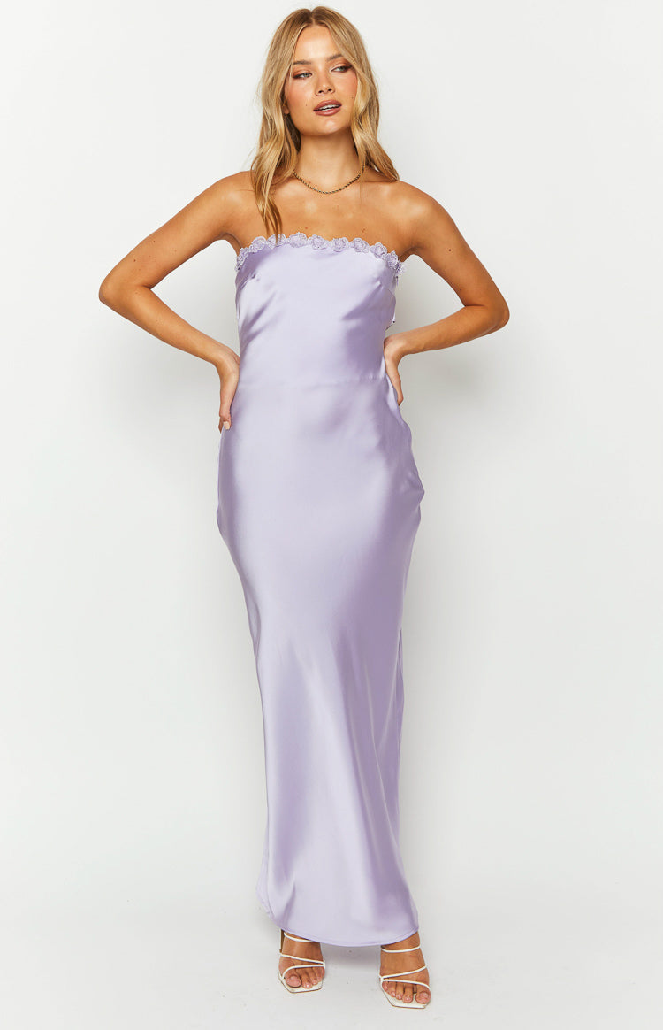 Rhea Purple Satin Strapless Maxi Dress | Beginning Boutique NZ Rhea Purple Satin Strapless Maxi Dress | Beginning Boutique NZ