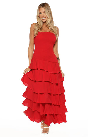Beginning Boutique Riles Red Strapless Ruffle Maxi Dress red strapless maxi dress with a shirred bodice and tiered ruffle skirt