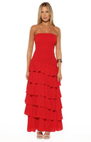 Beginning Boutique Riles Red Strapless Ruffle Maxi Dress red strapless maxi dress with a shirred bodice and tiered ruffle skirt