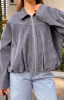 Beginning Boutique River Steel Grey Suedette Bubble Hem Bomber Jacket steel grey suedette cropped bomber with collar and full