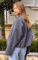 Beginning Boutique River Steel Grey Suedette Bubble Hem Bomber Jacket steel grey suedette cropped bomber with collar and full