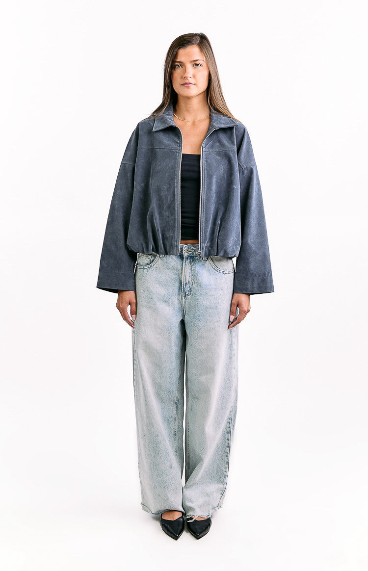 River Steel Grey Suedette Bubble Hem Bomber Jacket Image