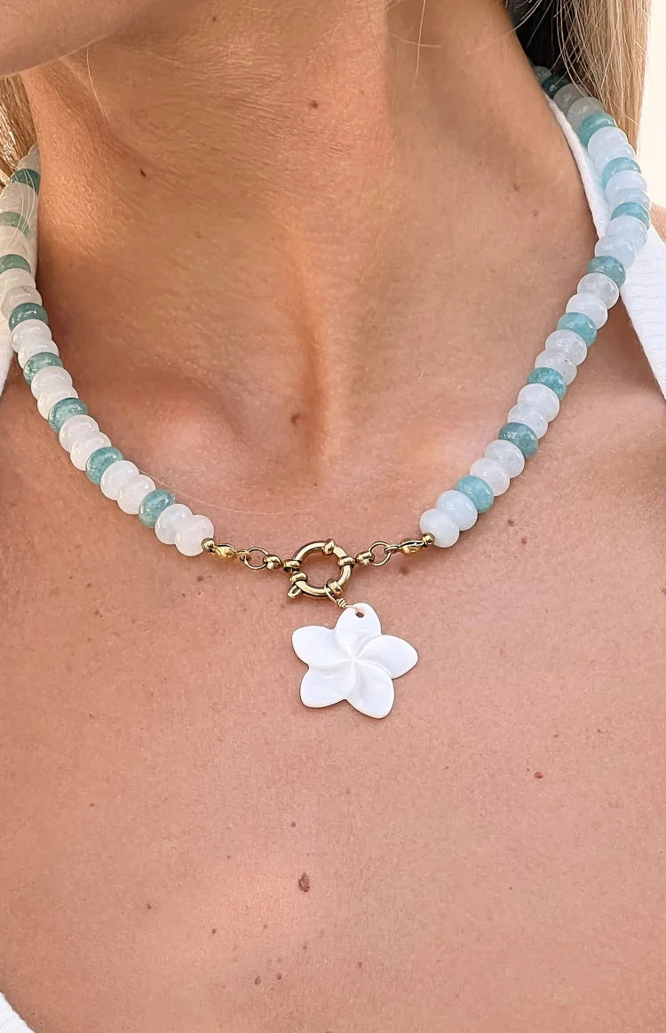 Roche Blue Beaded Flower Charm Necklace