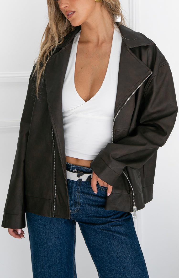 Chocolate brown oversized biker jacket with open front and silver zipper details