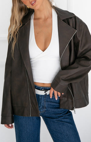 Beginning Boutique Rochelle PU Chocolate Brown Oversized Biker Jacket chocolate brown PU oversized biker jacket with wide lapels silver zipper