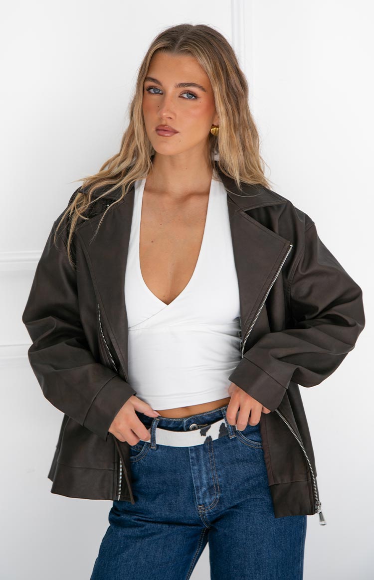 Rochelle PU Chocolate Brown Oversized Biker Jacket Image