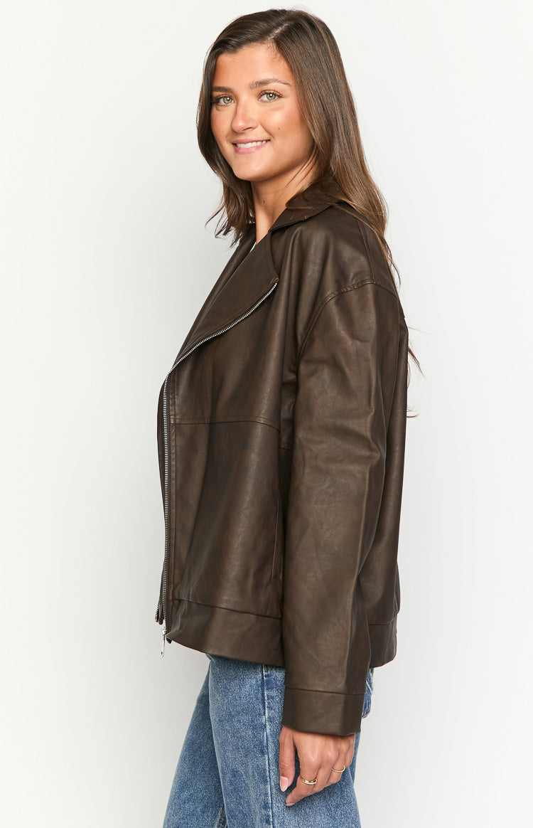 Rochelle PU Chocolate Brown Oversized Biker Jacket Image