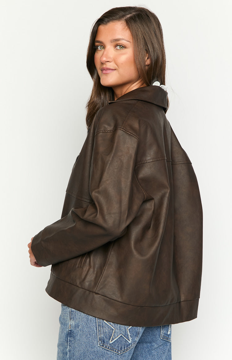 Rochelle PU Chocolate Brown Oversized Biker Jacket Image