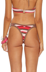 Rear view of pink multi stripe bikini bottoms with brown contrast binding and cheeky coverage