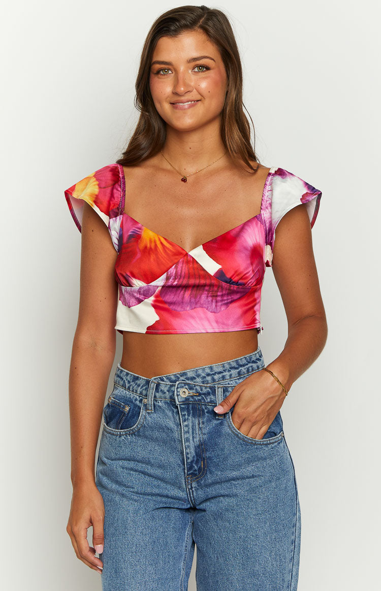 Romantic Rose Pink Floral Print Crop Top Image