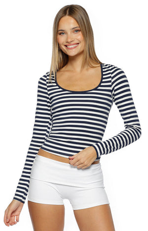 Beginning Boutique Ronney Navy Stripe Long Sleeve Top navy and white striped scoop neck long sleeve cropped fitted top