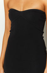 Black ribbed knit strapless mini dress with sweetheart neckline and structured bust seams