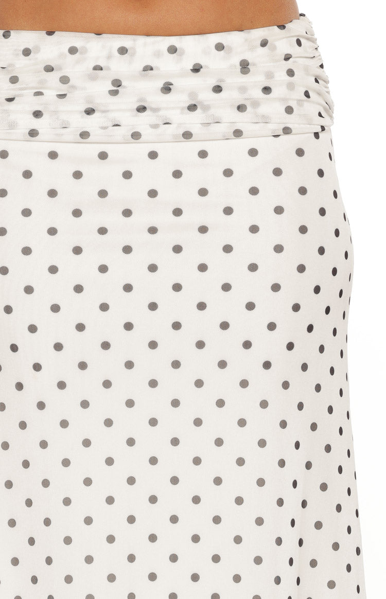 Close-up of the ruched mesh waistband and white polka dot mesh fabric