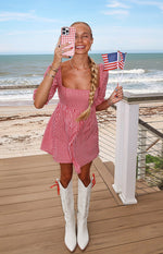 Beginning Boutique Rubi Red Gingham Babydoll Mini Dress red gingham square neck puff sleeve babydoll mini dress