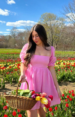 Pink gingham babydoll mini dress with a square neckline, puff sleeves, and a gathered flowy skirt, garden