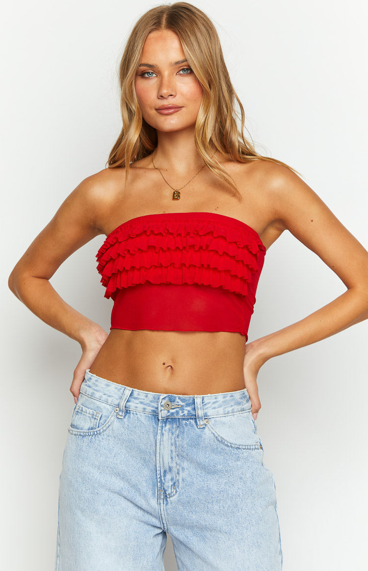 Beginning Boutique Rumba Rouge Red Ruffle Tube Top red strapless cropped tube top with layered ruffles