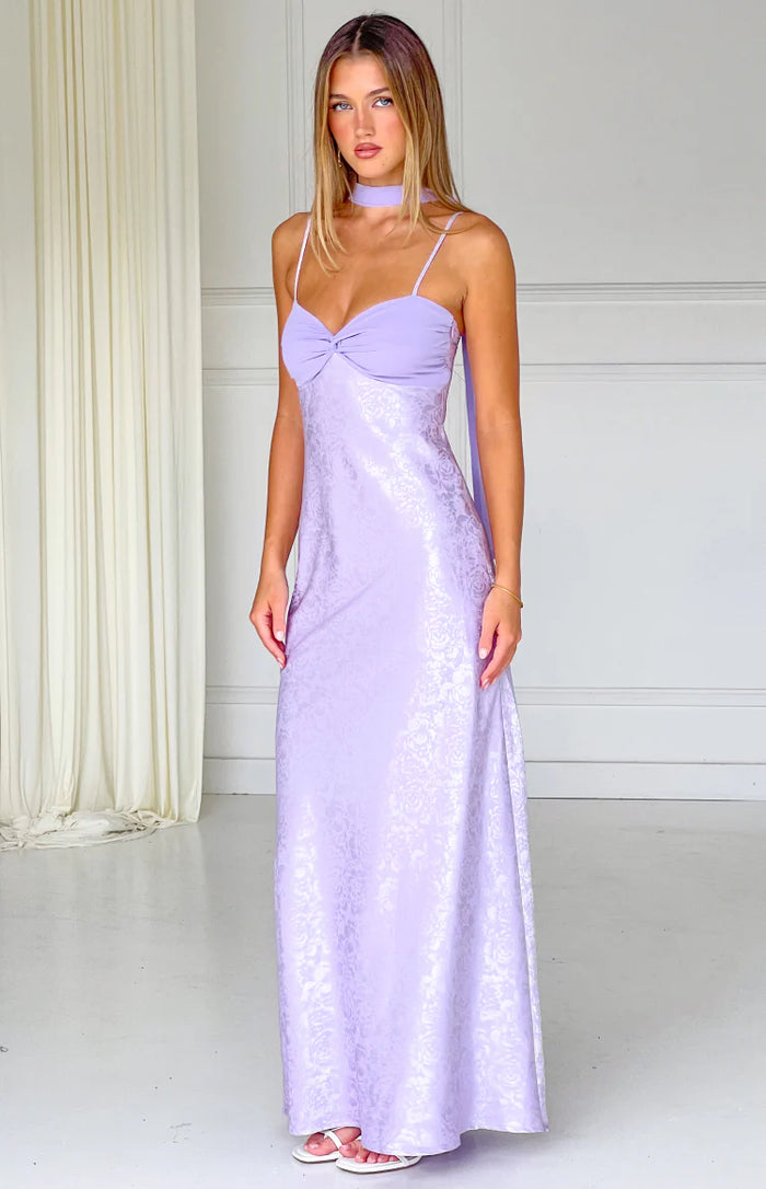 Spring Bouquet Satin Dress 【sweet lilac】 Ruthie Lilac Floral Satin Scarf Maxi Dress | Beginning Boutique NZ