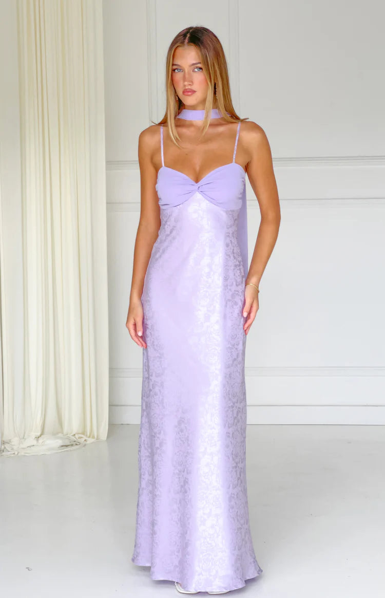 Full length lilac floral satin maxi dress with a gathered sweetheart bust, thin straps, and matching neck scarf