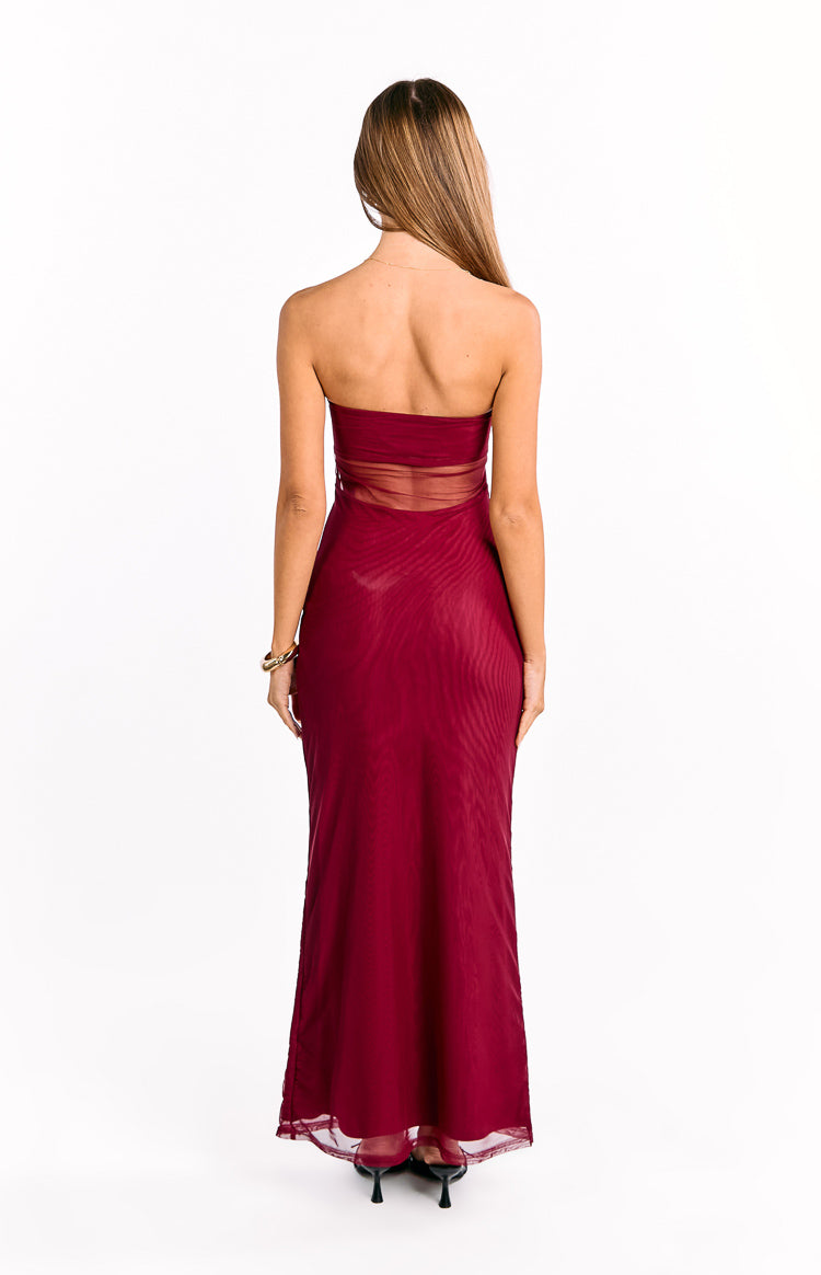 Rear view of a wine strapless mesh maxi dress with a sheer panel across the upper back