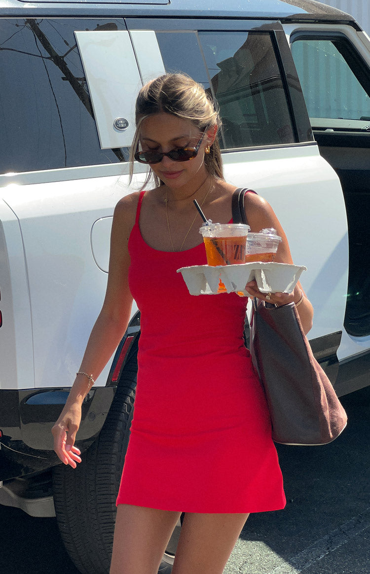 Beginning Boutique Shantel Red Mini Dress red scoop neck bodycon mini dress with thin spaghetti straps and ruched sides