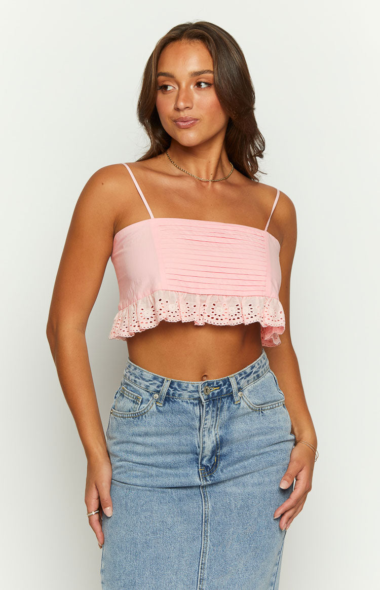 Pink crop top with pleated bust and scalloped broderie anglaise hem