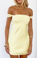 Beginning Boutique Sandie Yellow Off The Shoulder Mini Dress yellow off-shoulder bandeau mini dress with short sleeves and A-