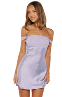 Beginning Boutique Sandie Lilac Off The Shoulder Mini Dress lilac off-shoulder ruched bust fitted mini dress