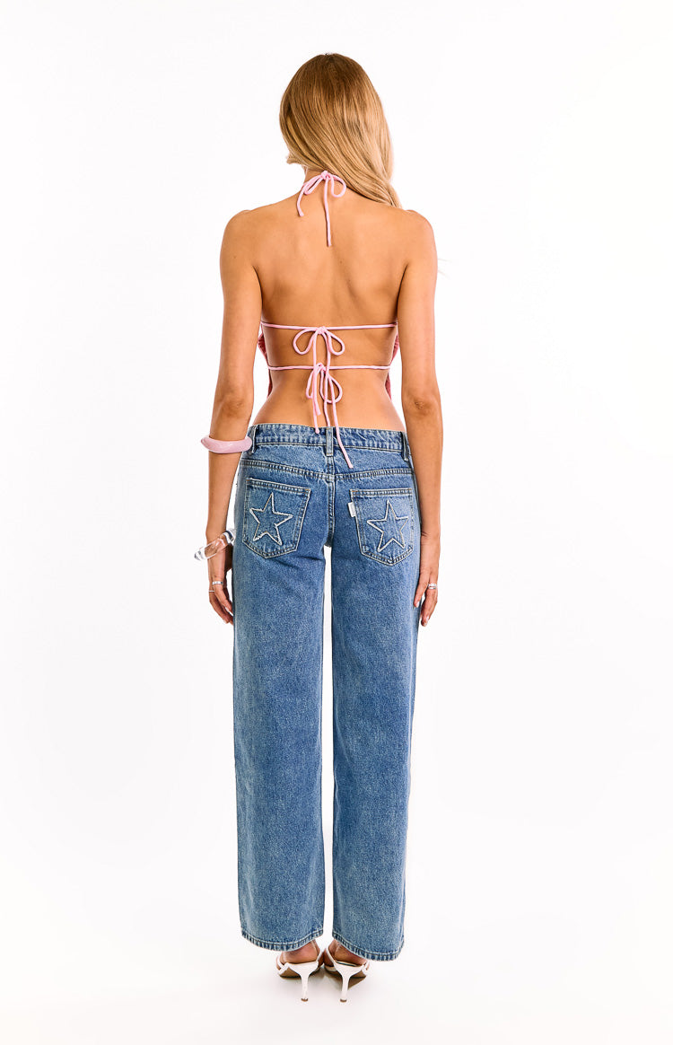 Rear view of the pink sequin halter neck top with a tie-up halter neck and multiple back ties