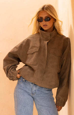 Sapna Brown Oversized Funnel Neck Suedette Jacket - PRE ORDER