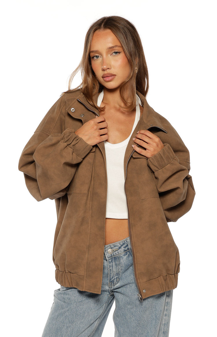 Sapna Brown Oversized Funnel Neck Suedette Jacket Image