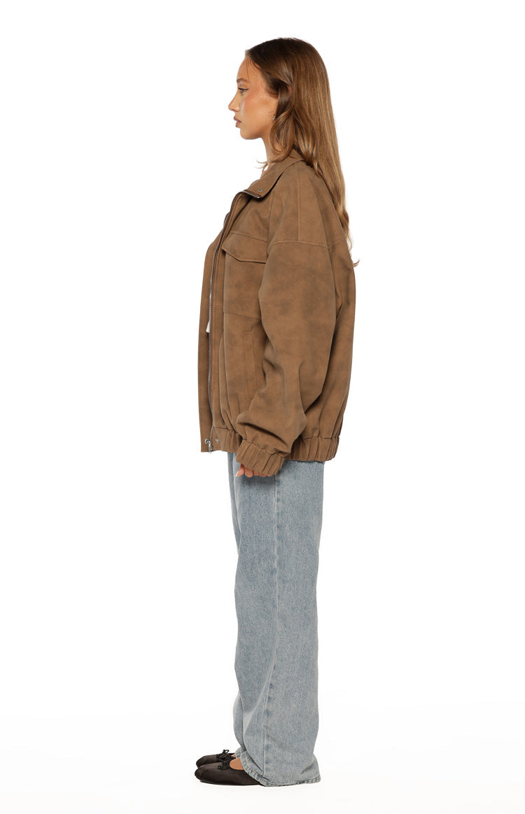 Sapna Brown Oversized Funnel Neck Suedette Jacket Image