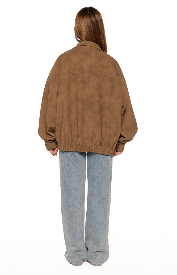 Sapna Brown Oversized Funnel Neck Suedette Jacket Image