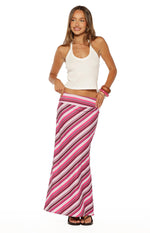 Front view of a pink multi stripe maxi skirt with a wide waistband and flowing silhouette
