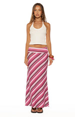 Full length pink and burgundy diagonal stripe maxi skirt with a wide waistband