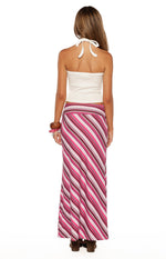 Rear view of the pink multi-stripe maxi skirt with diagonal stripes in shades of pink, white, and burgundy