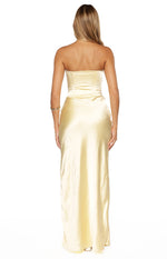 Back view of a yellow strapless satin maxi dress with a structured ruched bodice and subtle gathering on the skirt