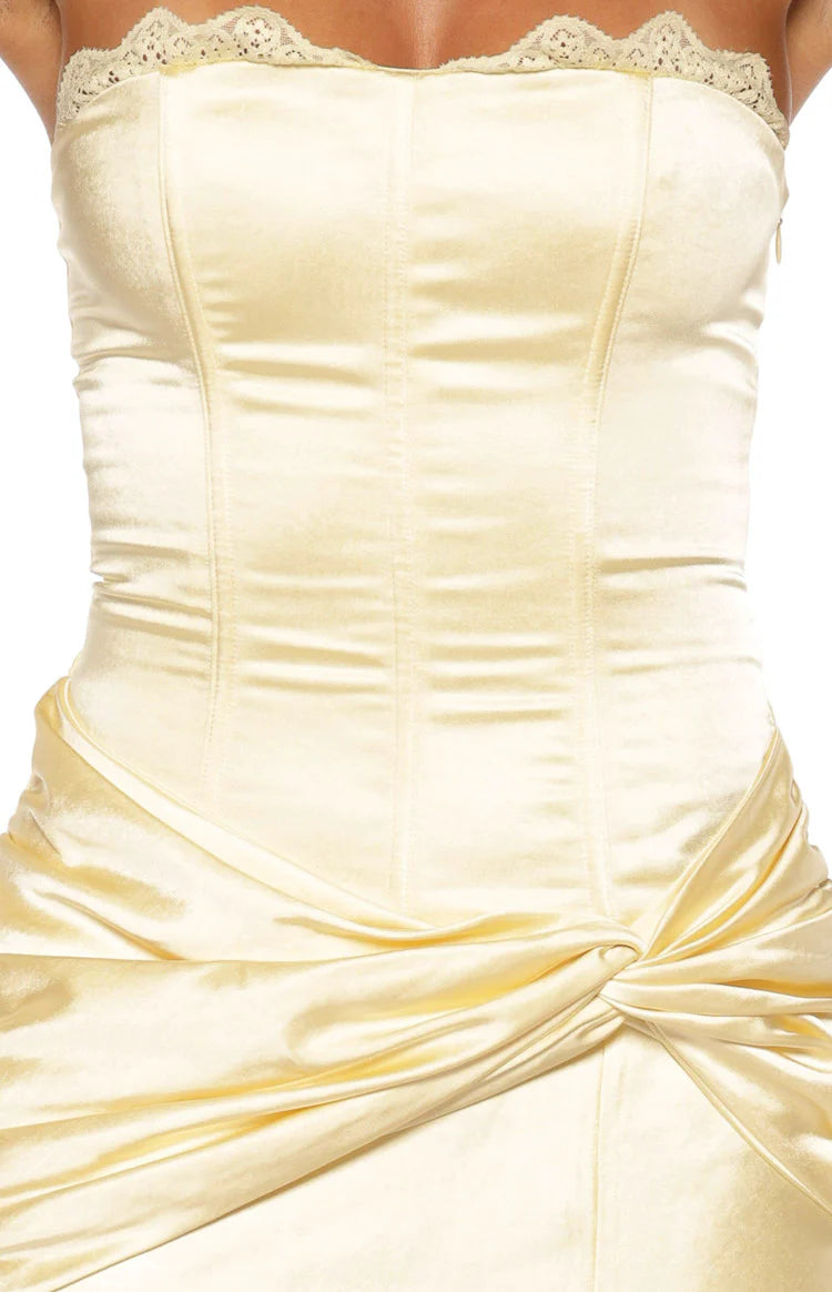 Sasha Yellow Ruched Twist Satin Maxi Dress - PRE ORDER