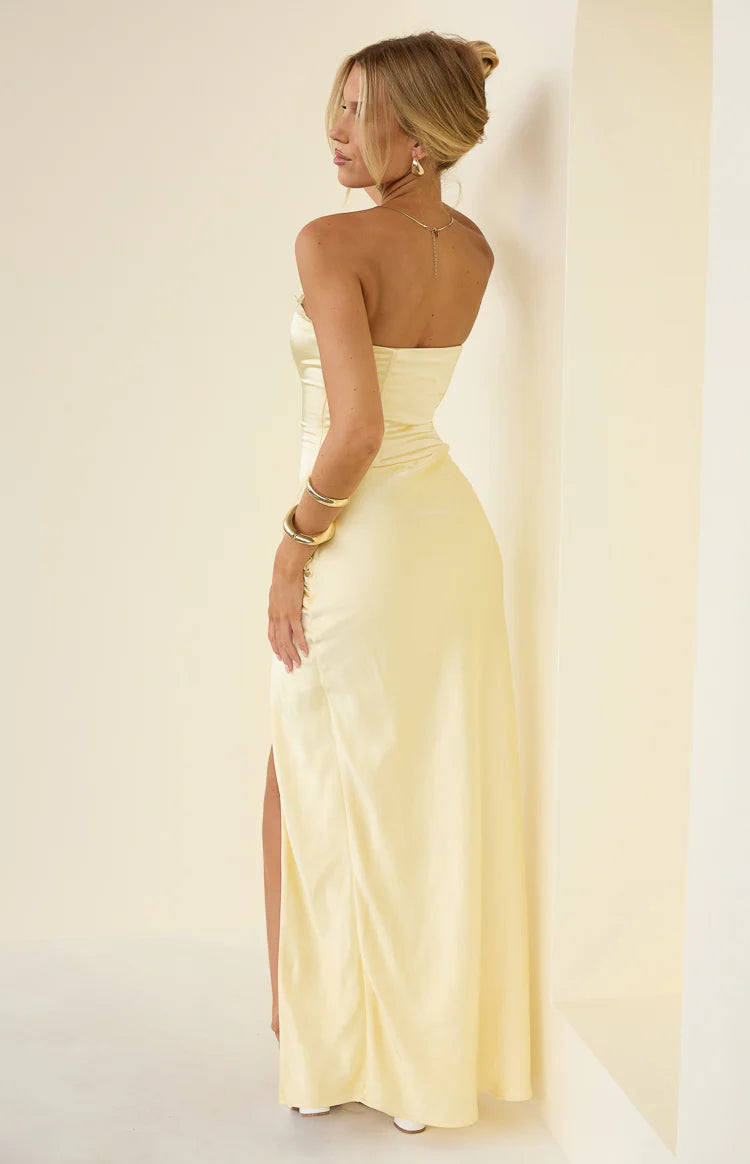Sasha Yellow Ruched Twist Satin Maxi Dress - PRE ORDER