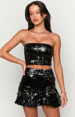 Fitted black sequin strapless crop top with a straight bandeau neckline, shimmering texture