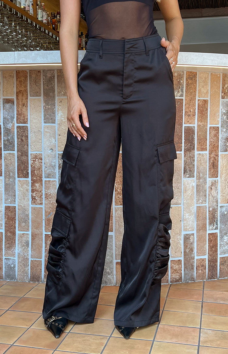 Satin Sapphire Black Cargo Pants Image