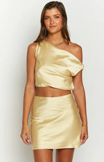 Scotlyn Yellow Satin Off The Shoulder Crop Top