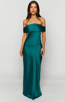 Beginning Boutique Seraphina Teal Off The Shoulder Maxi Dress teal satin off-the-shoulder maxi dress with a draped neckline and flowing skirt