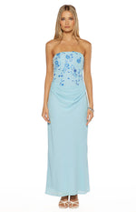 Serenity Blue Strapless Beaded Party Maxi Dress